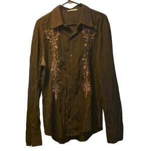 Pop Icon brown embroidered Y2K long sleeve mens button up size XL